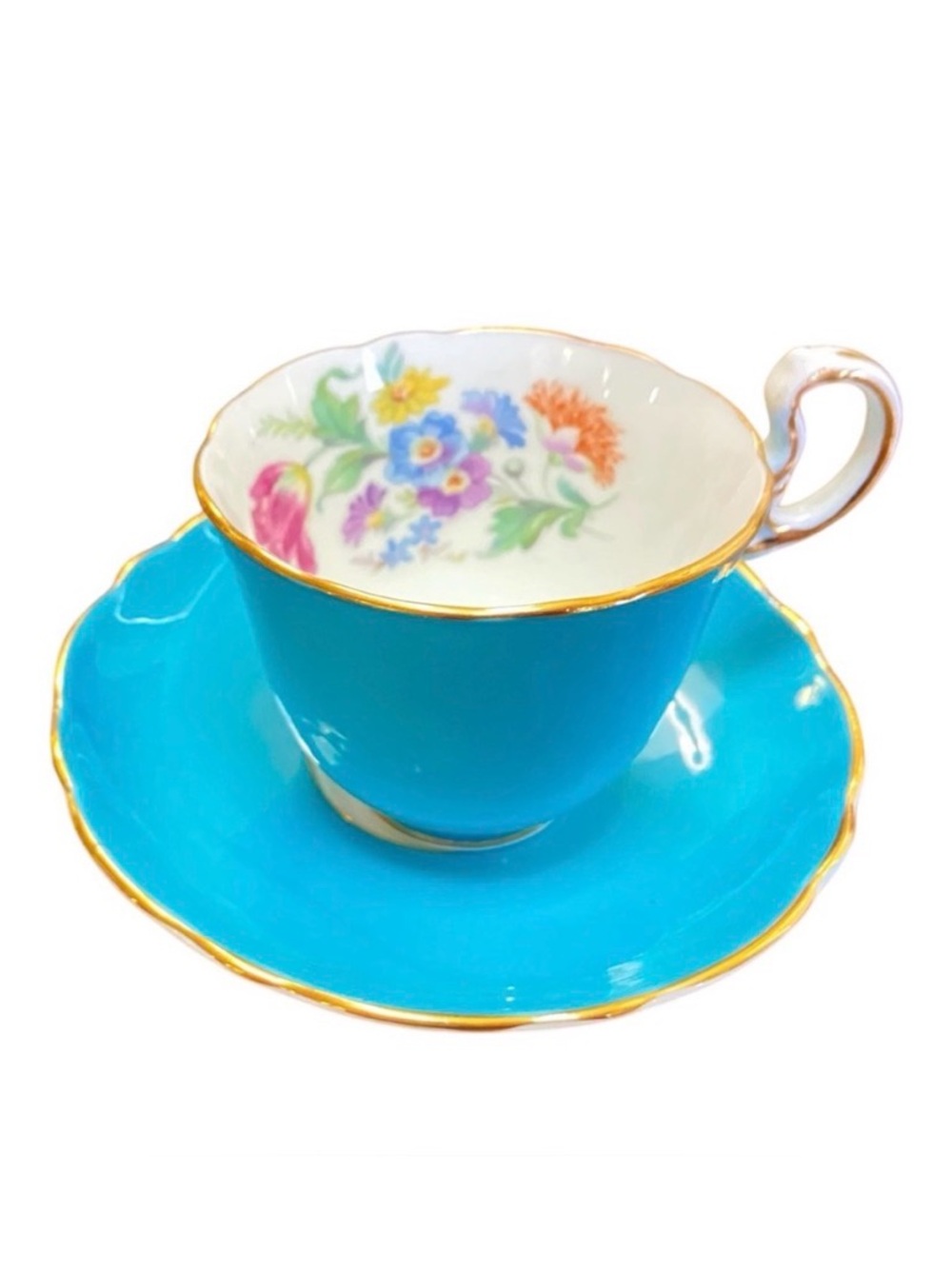 Vintage Aynsley C332 Bone China Demitasse Cup & Saucer Turquoise Floral England